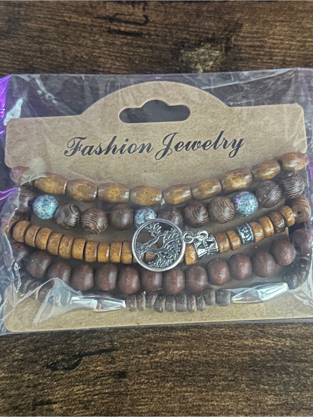 Boho Brown Wood Bead Bracelet Set with Tree Charm